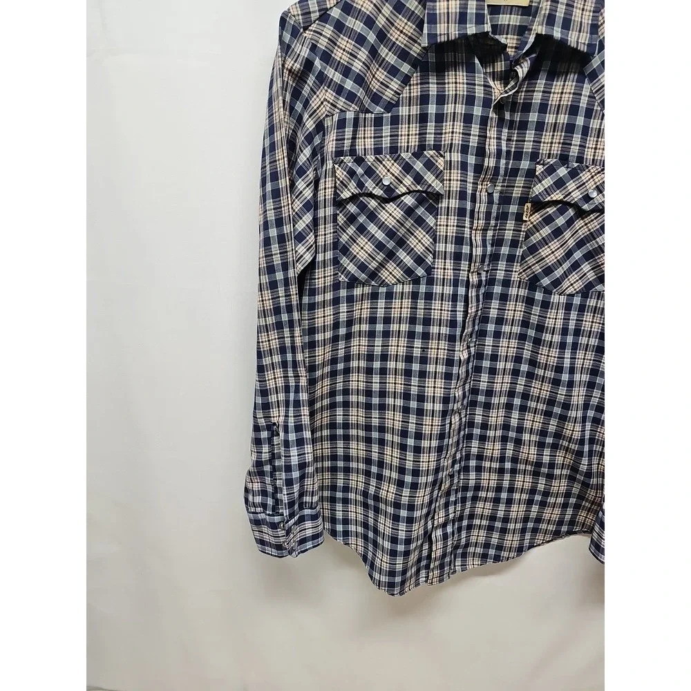 Levis Mens Blue Vintage Plaid‎ Pearl Snap Western Shirt Long Sleeve Sz M